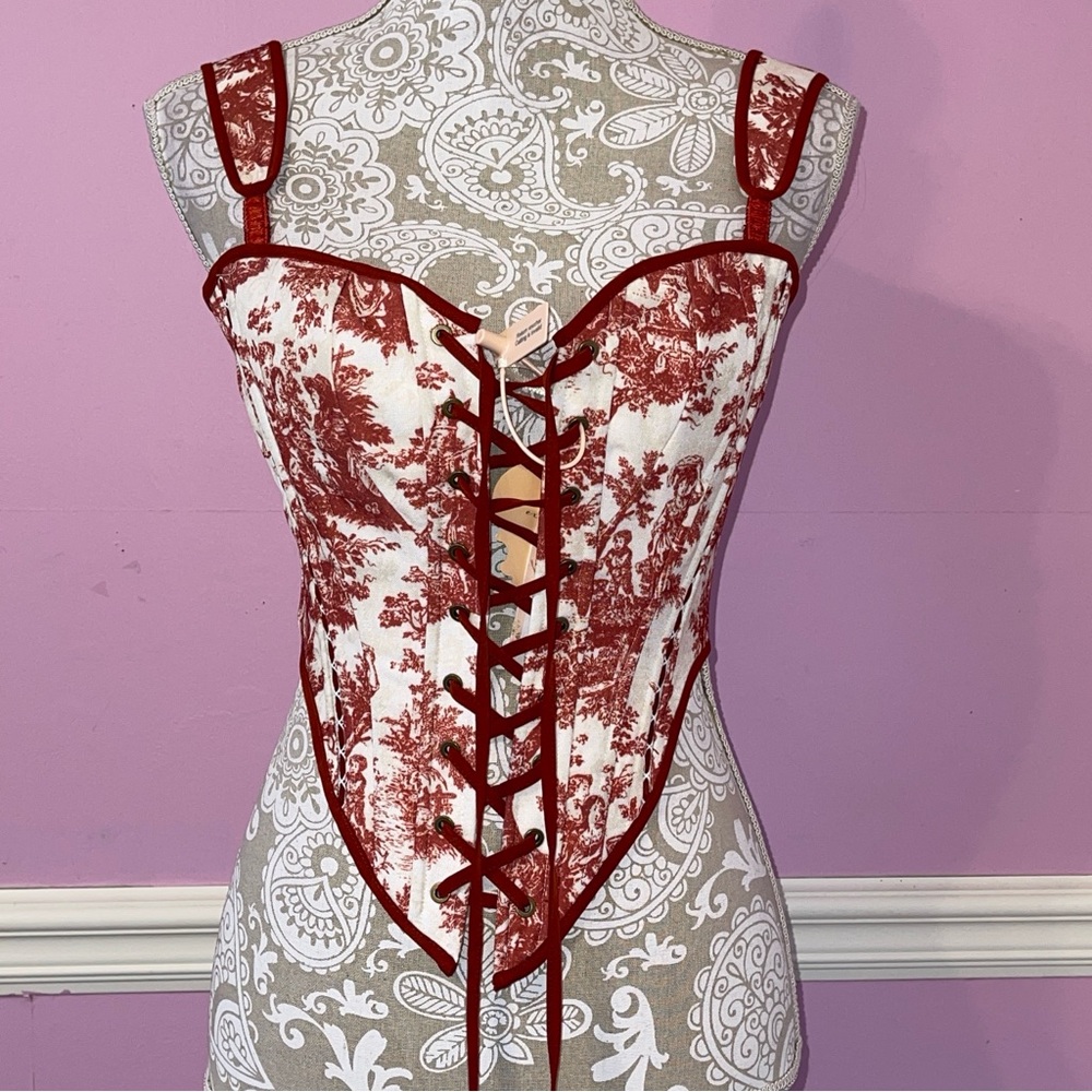 Lacemade red toile corset top shirt fairycore cottage kawaii fairy floral Lolita